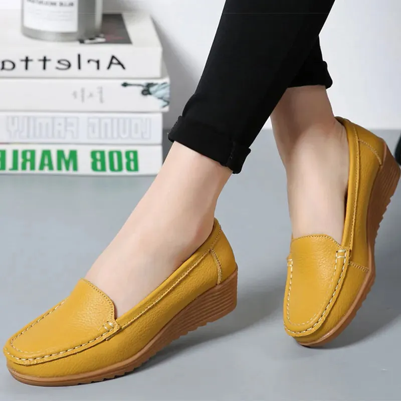 Women's Wedge Heel Shoes New Leather Slip On Loafers Casual Flats