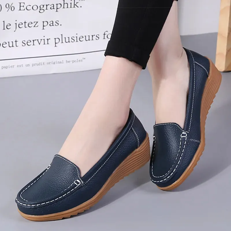 Women's Wedge Heel Shoes New Leather Slip On Loafers Casual Flats