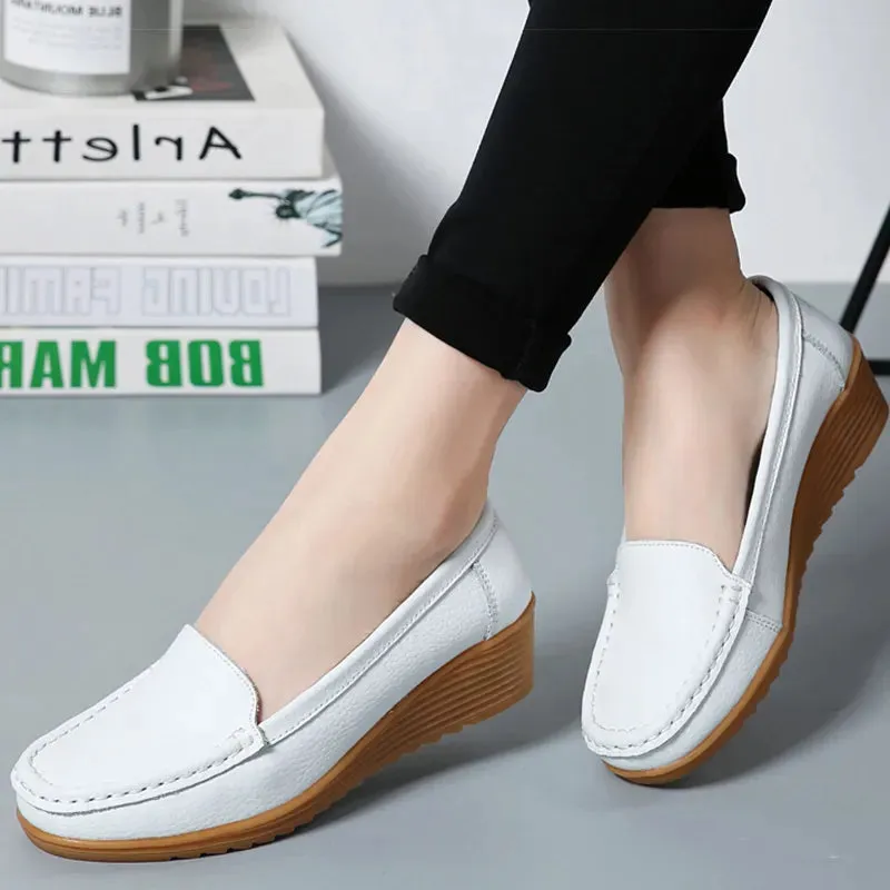 Women's Wedge Heel Shoes New Leather Slip On Loafers Casual Flats