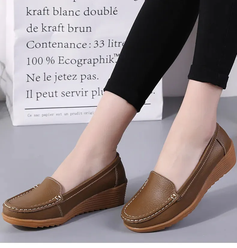 Women's Wedge Heel Shoes New Leather Slip On Loafers Casual Flats
