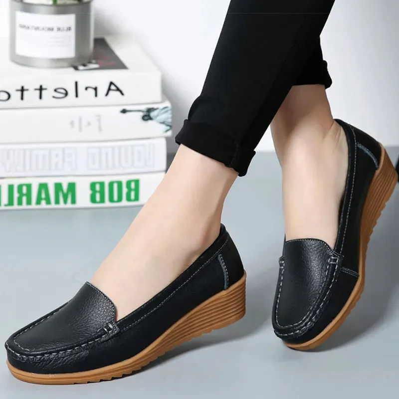 Women's Wedge Heel Shoes New Leather Slip On Loafers Casual Flats