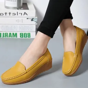 Women's Wedge Heel Shoes New Leather Slip On Loafers Casual Flats
