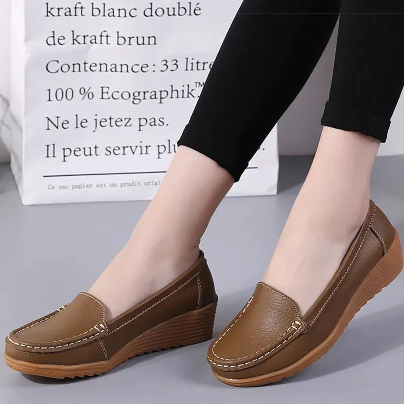 Women's Wedge Heel Shoes New Leather Slip On Loafers Casual Flats
