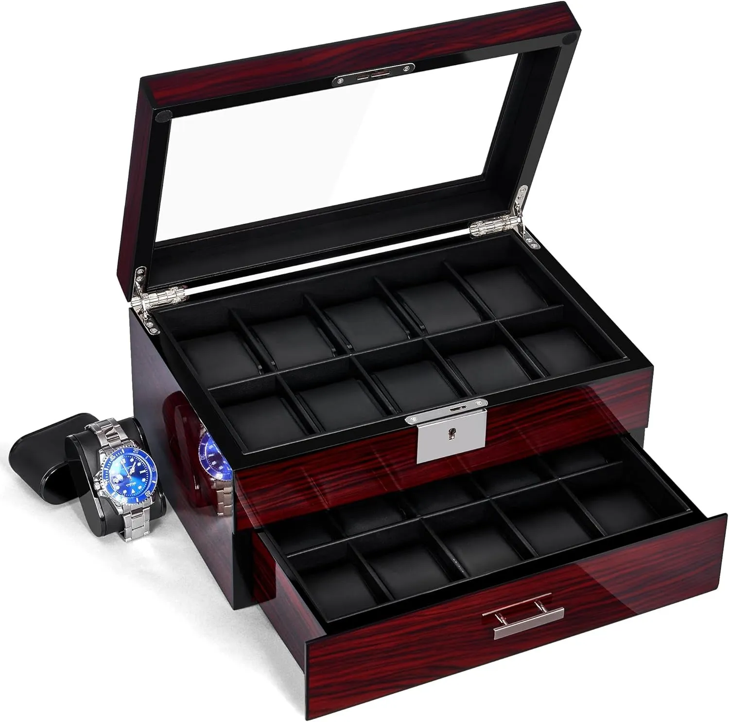 Wooden Watch Organizer with Glass Top Lid Lockable, 2-Tier, 20 Slot
