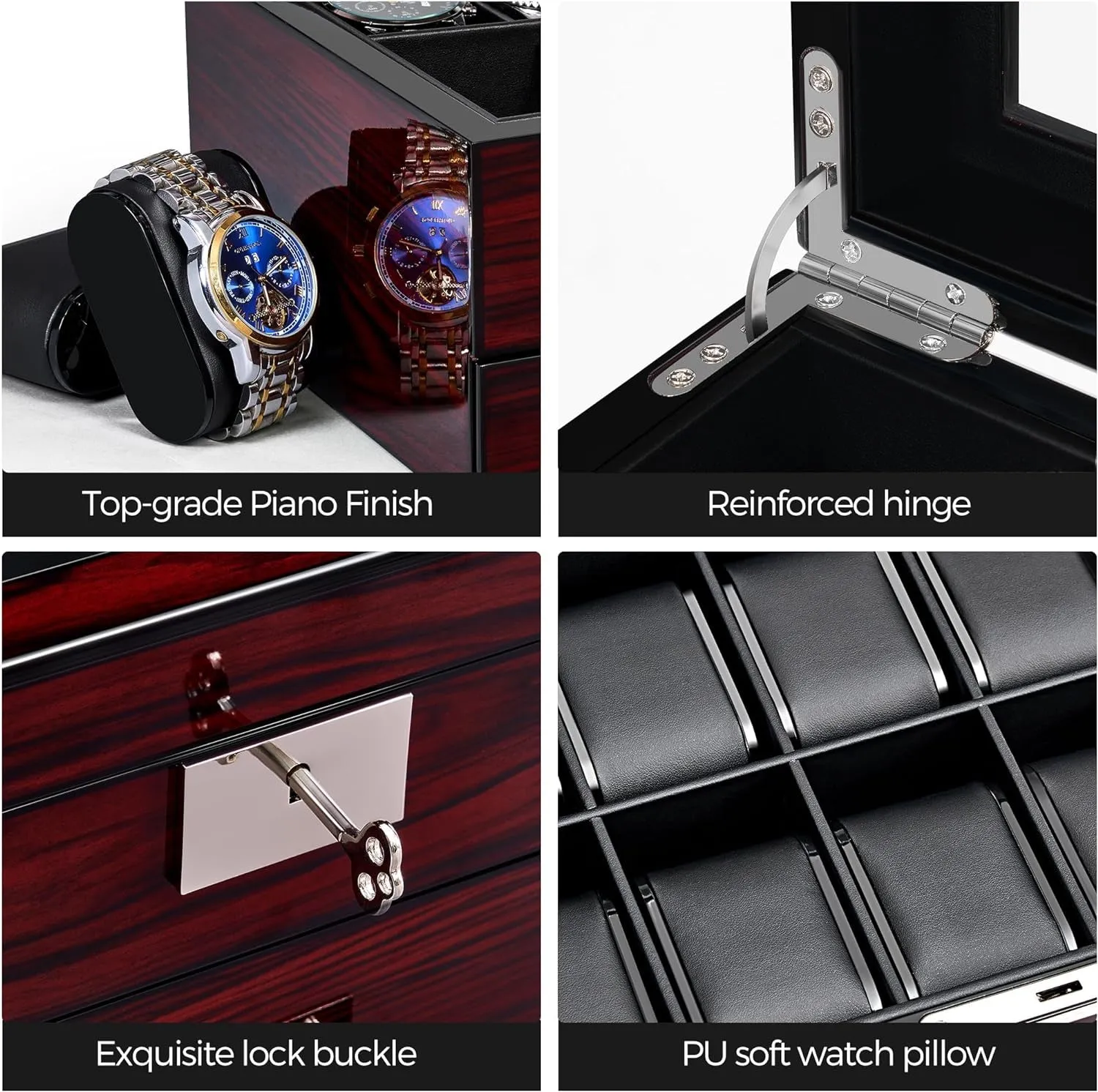 Wooden Watch Organizer with Glass Top Lid Lockable, 2-Tier, 20 Slot