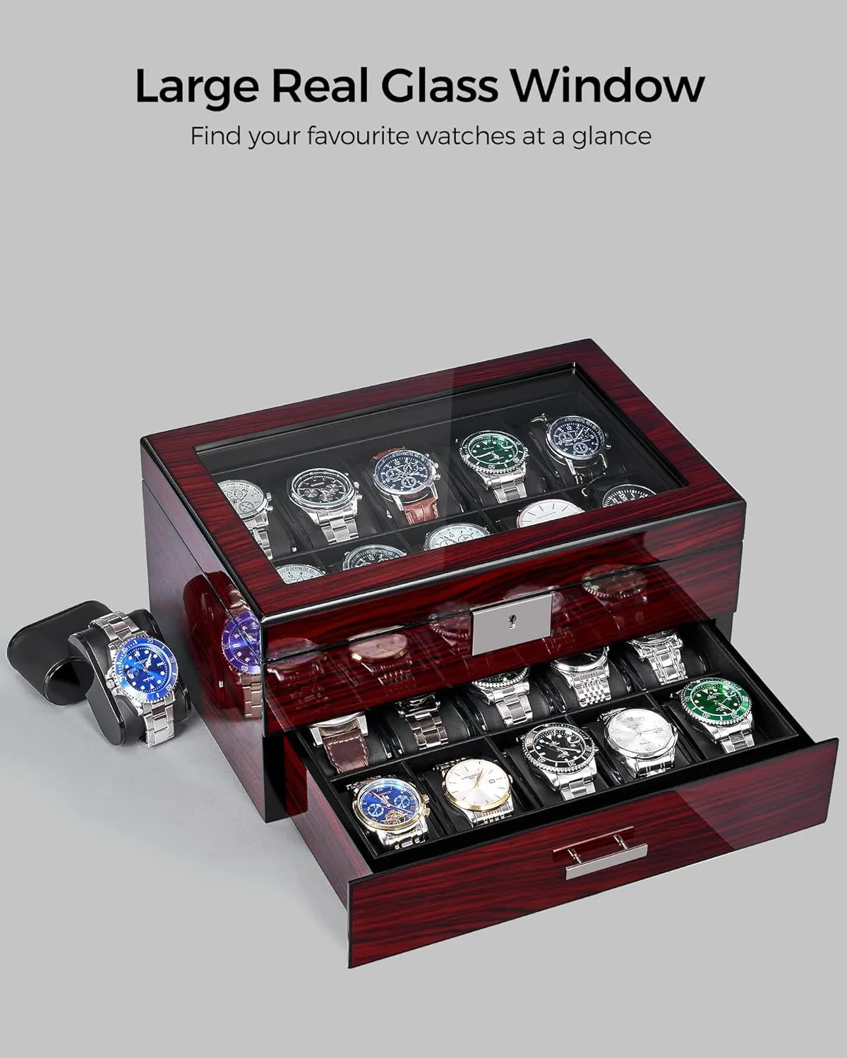 Wooden Watch Organizer with Glass Top Lid Lockable, 2-Tier, 20 Slot