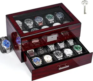 Wooden Watch Organizer with Glass Top Lid Lockable, 2-Tier, 20 Slot