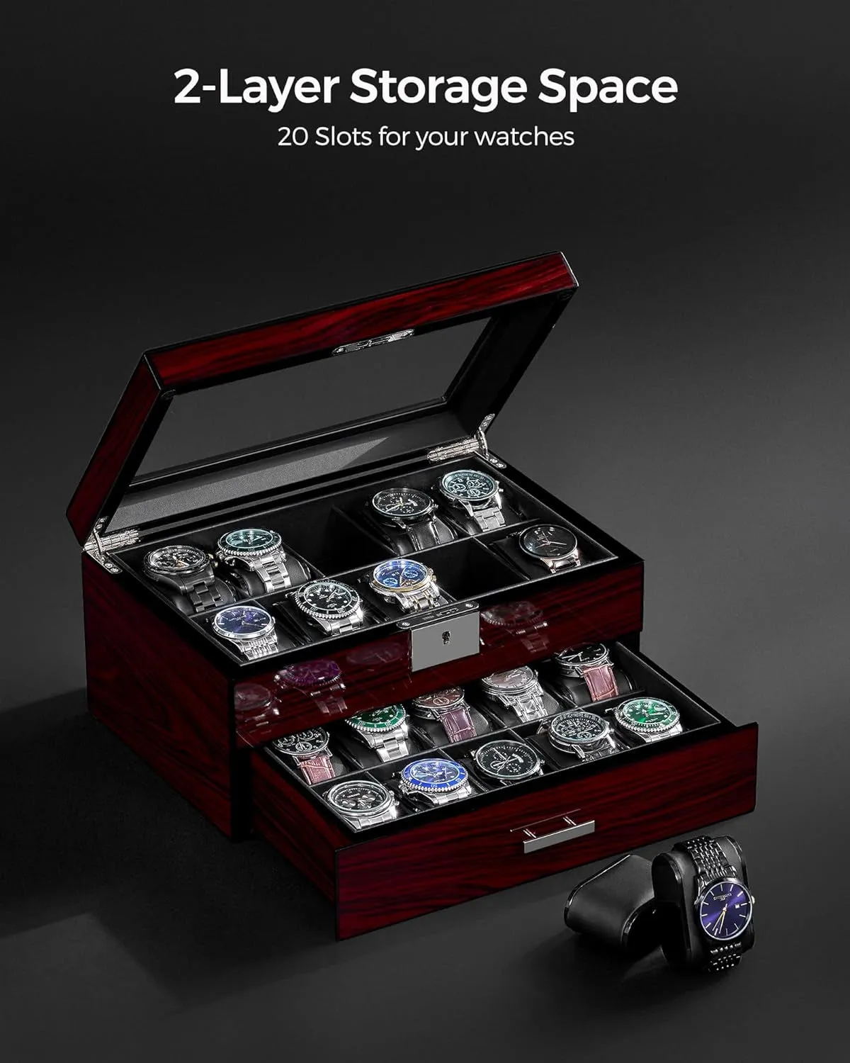 Wooden Watch Organizer with Glass Top Lid Lockable, 2-Tier, 20 Slot
