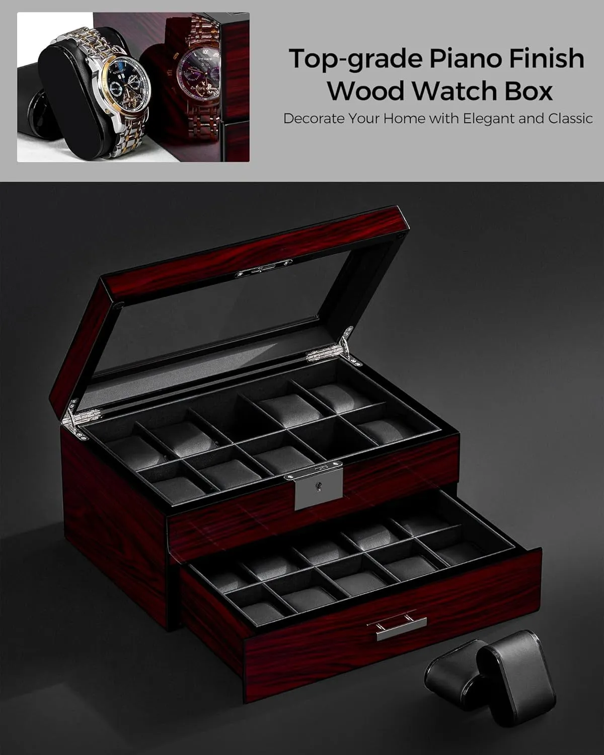 Wooden Watch Organizer with Glass Top Lid Lockable, 2-Tier, 20 Slot