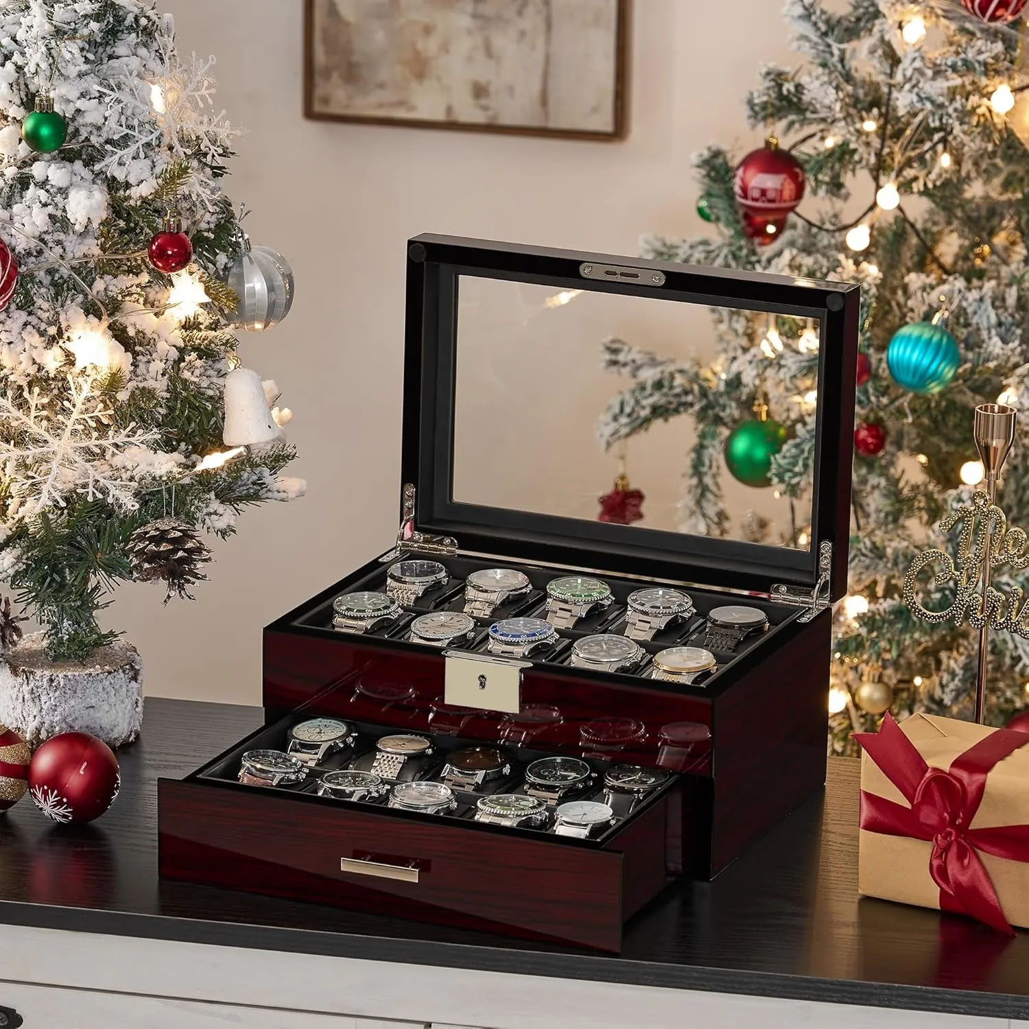 Wooden Watch Organizer with Glass Top Lid Lockable, 2-Tier, 20 Slot