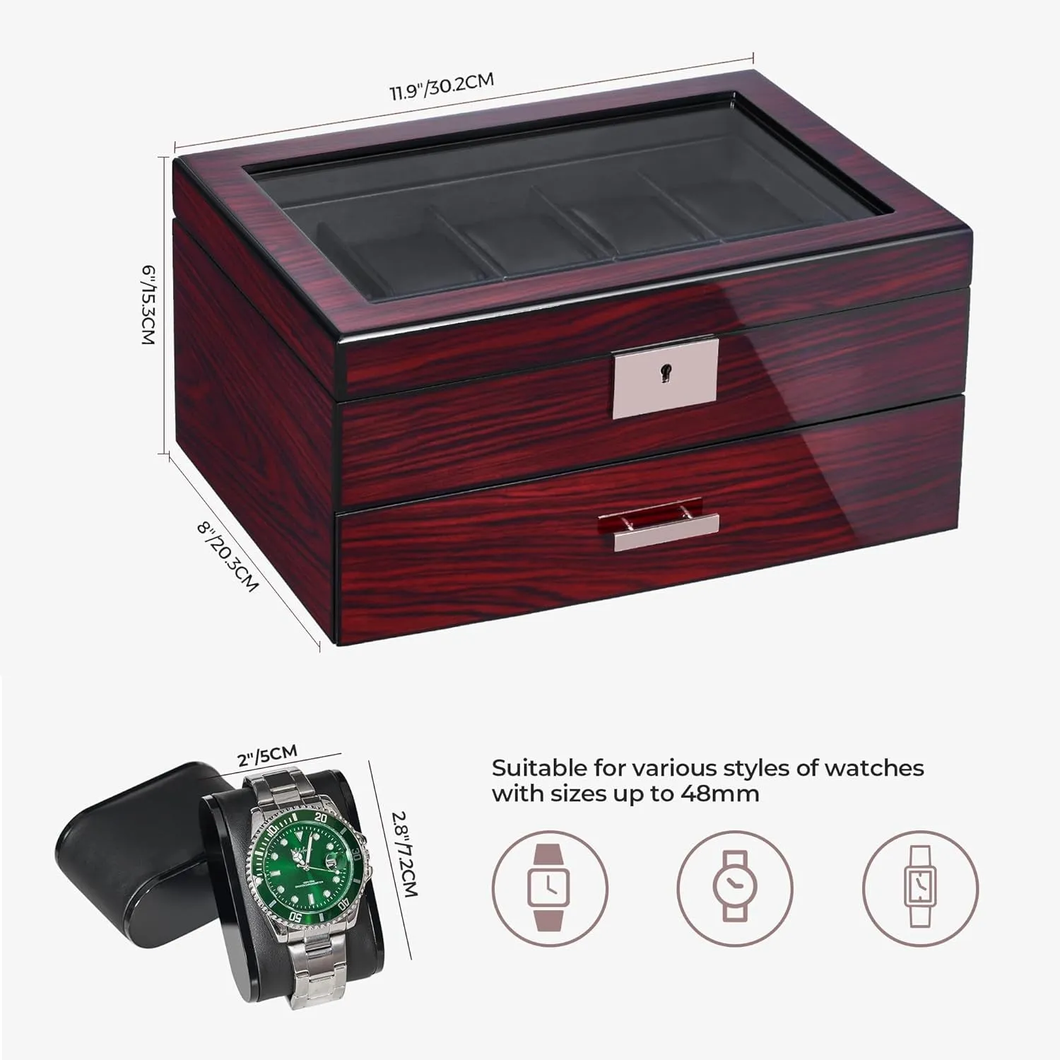 Wooden Watch Organizer with Glass Top Lid Lockable, 2-Tier, 20 Slot